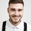 Joy, positive emotions and feelings concept. Head and shoulders of cheerful handsome young groom with stubble and dimples, smiling joyfully at camera, feeling happy about getting married today